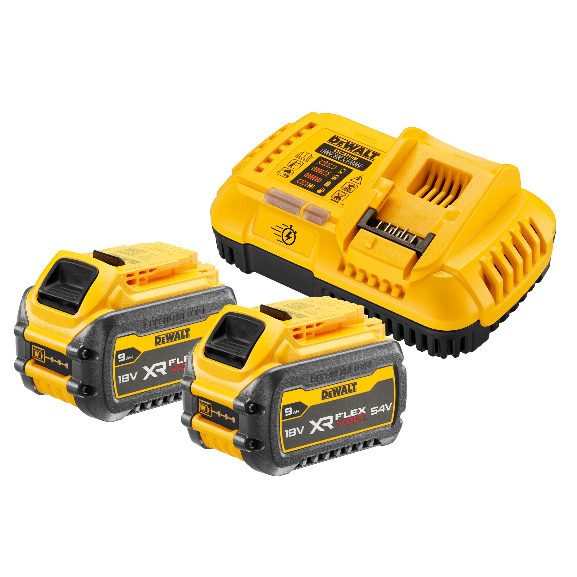 Pack 2 batteries XR flexvolt 18v/54v 9Ah/3Ah Li-Ion chargeur rapide - DEWALT - DCB118X2-QW