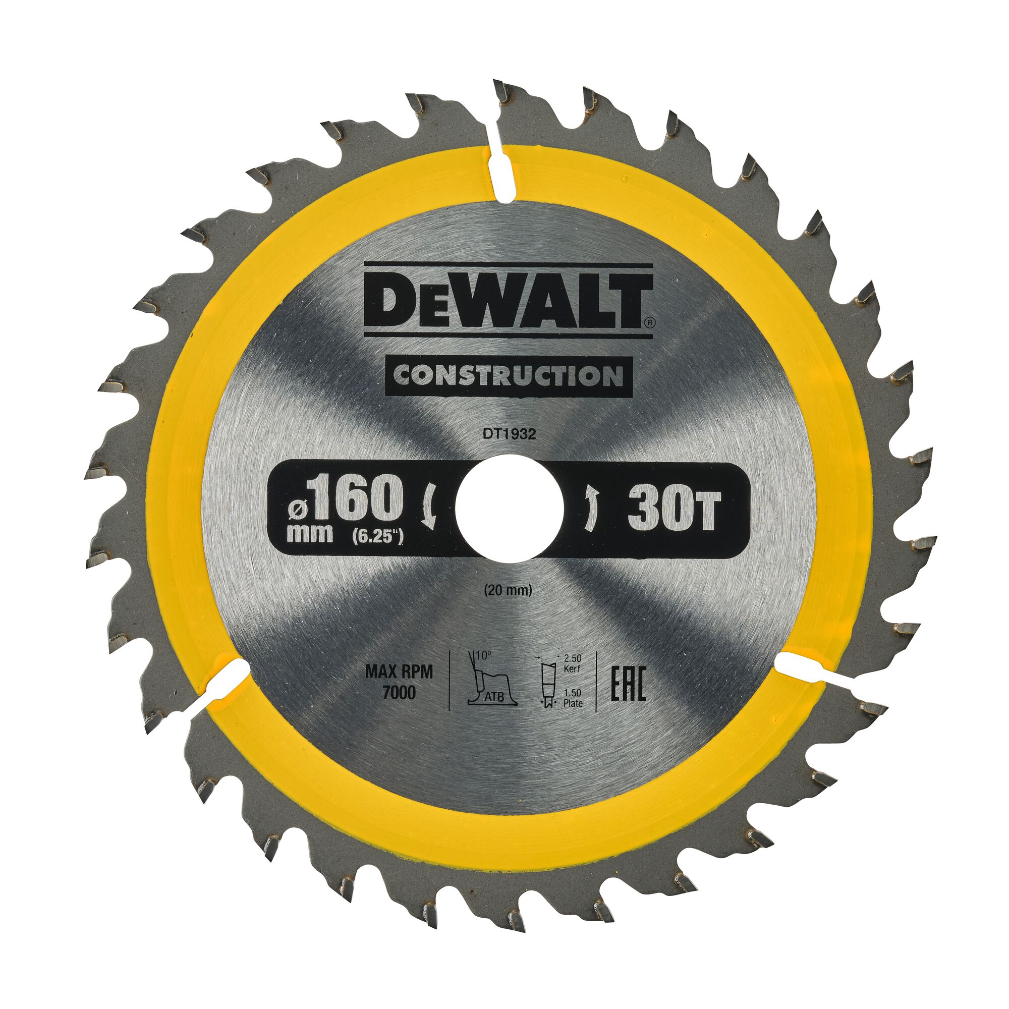 Lame de scie circulaire 160x20 mm, 30 dents, ATB/tronçonnage, angle d'attaque 20 DEWALT - DT1932-QZ