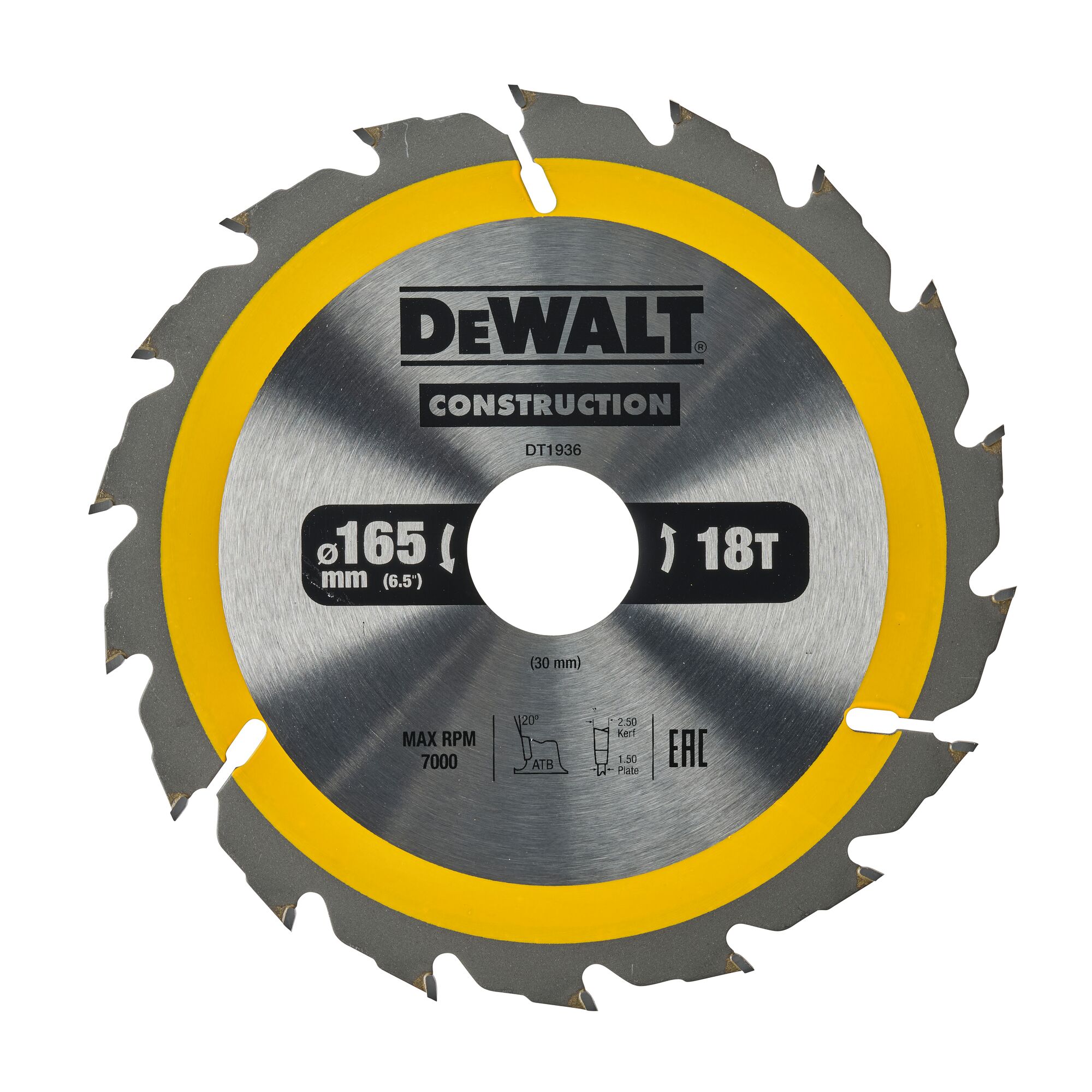 Lame de scie circulaire 165x30 mm, 18 dents, ATB/délignage, angle d'attaque 20 DEWALT - DT1936-QZ