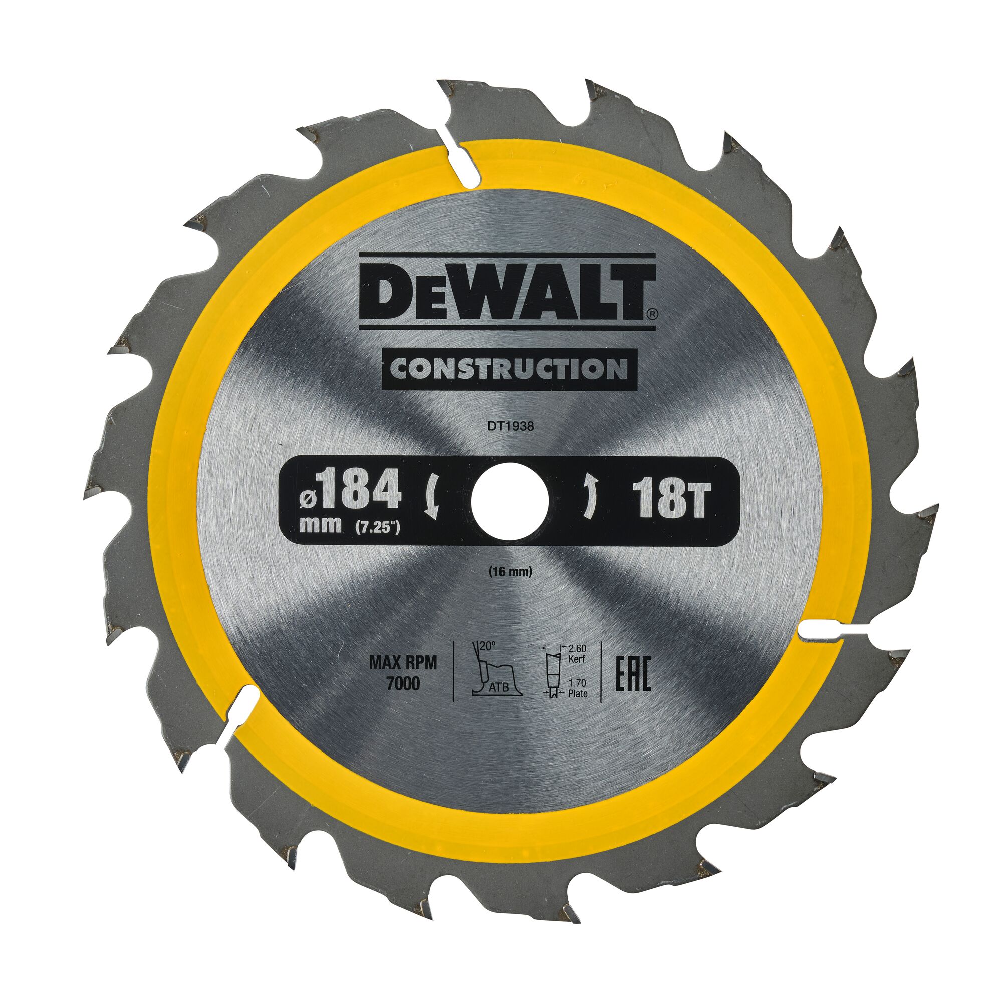 Lame de scie circulaire 184x16 mm, 18 dents, ATB/délignage, angle d'attaque 20 DEWALT - DT1938-QZ