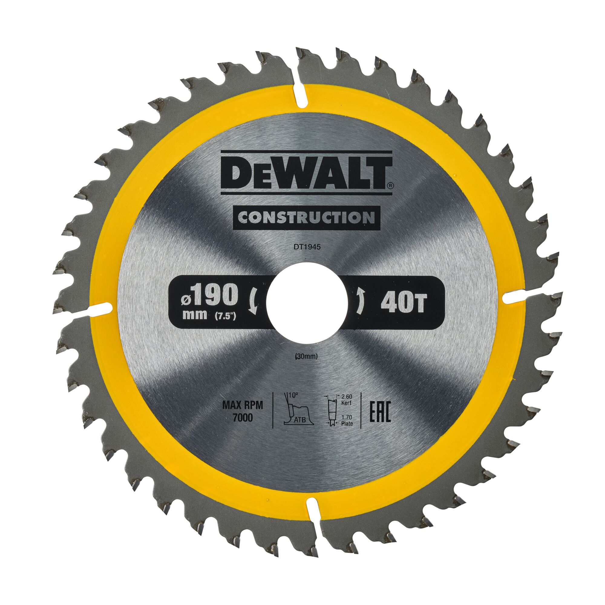Lame de scie circulaire 190x30 mm, 40 dents, ATB/tronçonnage, angle d'attaque 10 DEWALT - DT1945-QZ