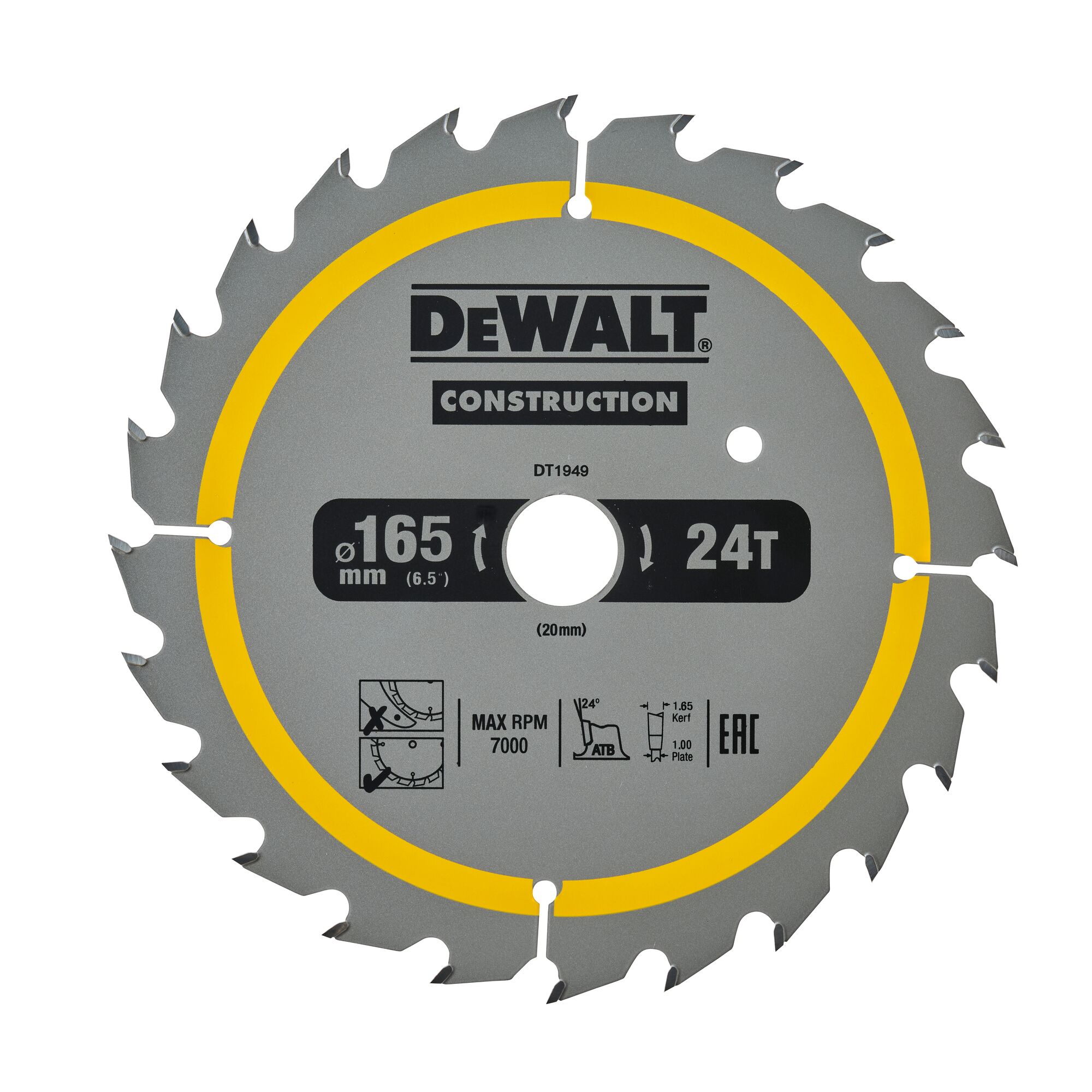 Lame de scie circulaire 165x20 mm, 24 dents, ATB/délignage, angle d'attaque 20 DEWALT - DT1949-QZ