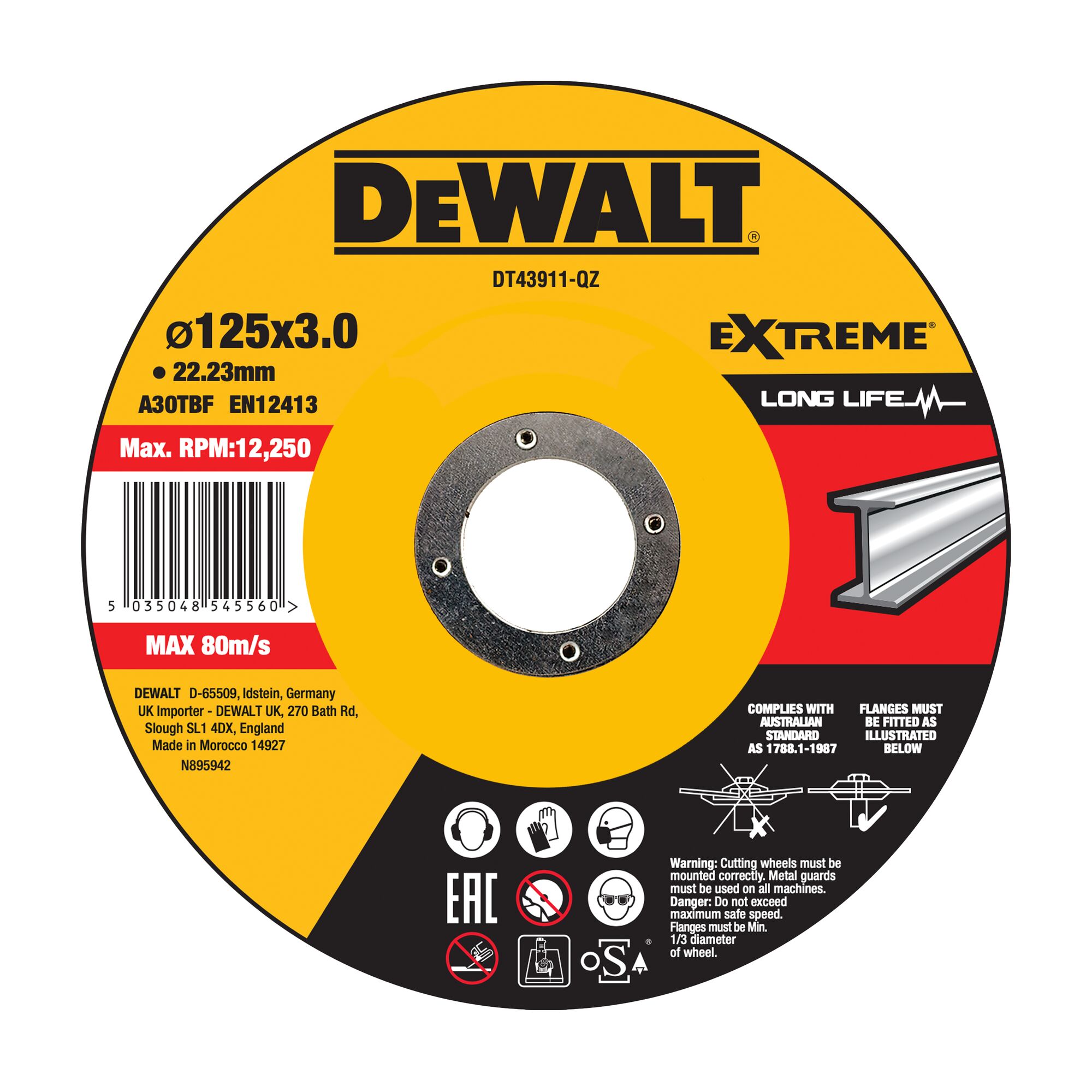 Disque à tronçonner le métal 125x22.2 mm, épaisseur 2.8 mm, moyeu déporté DT43911 - DEWALT - DT43911-QZ