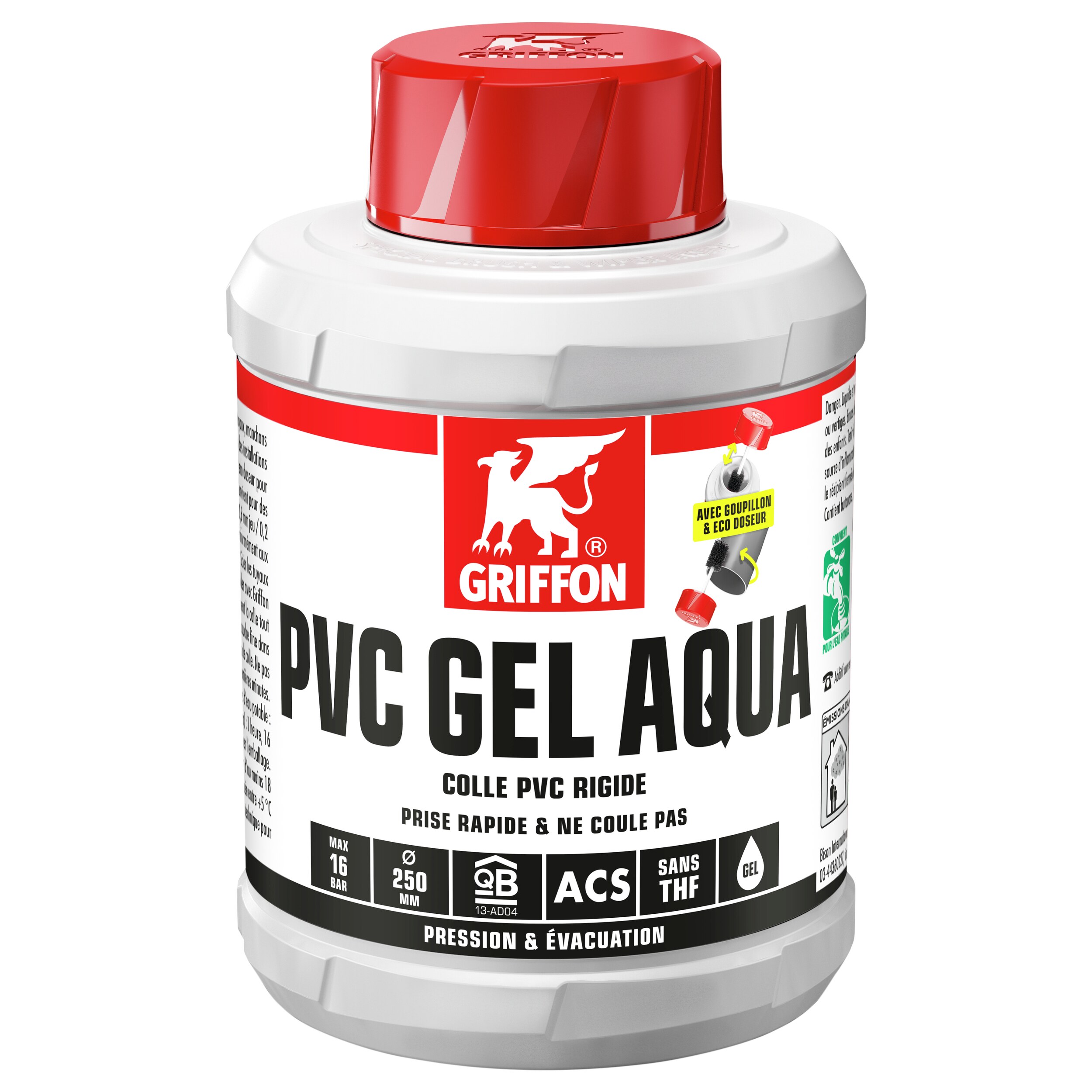 Colle PVC GEL AQUA formulation gel Bidon avec pinceau goupillon 500 ML - GRIFFON - 6140215