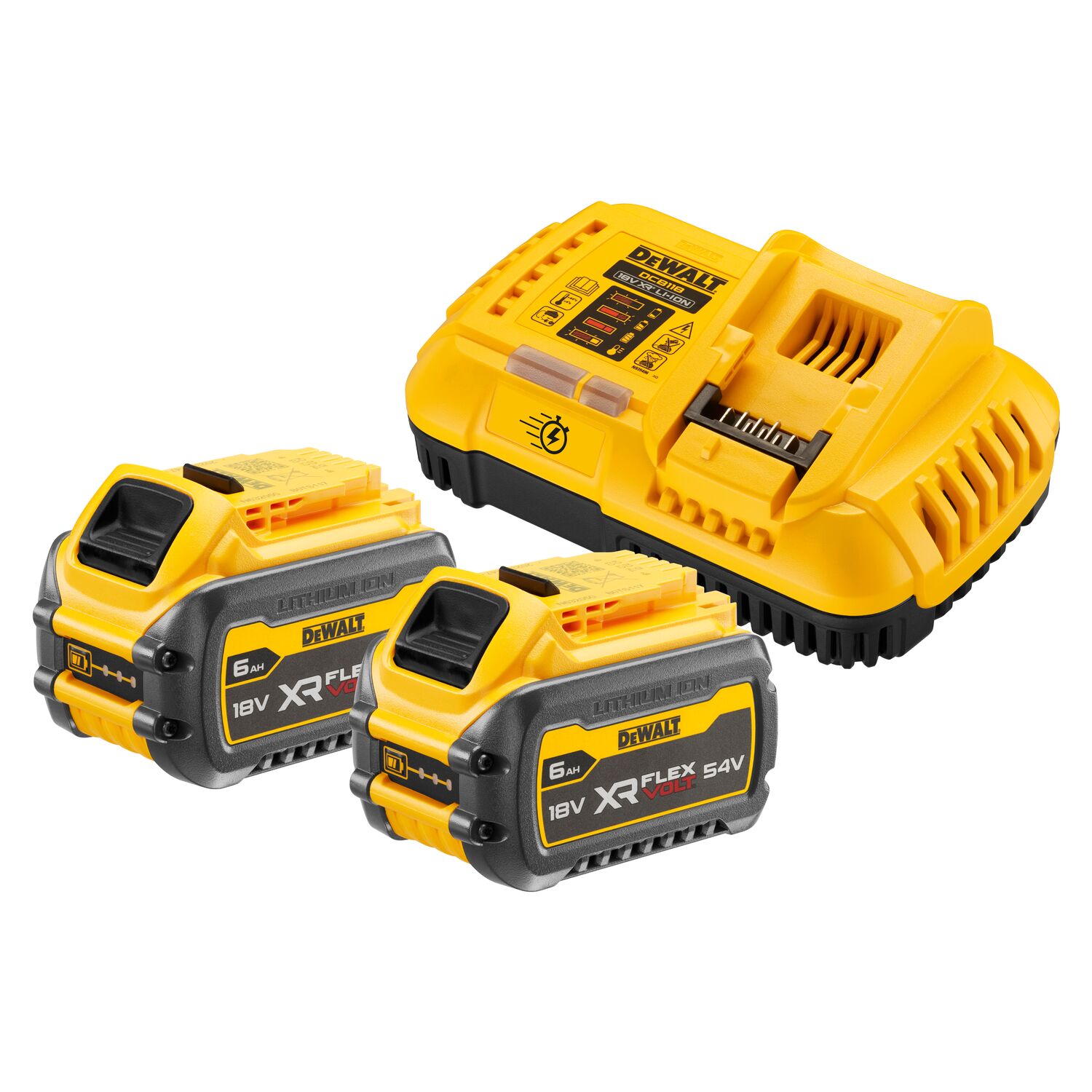 Pack 2 batteries XR FLEXVOLT 18V/54V 6Ah/2Ah Li-Ion + chargeur rapide