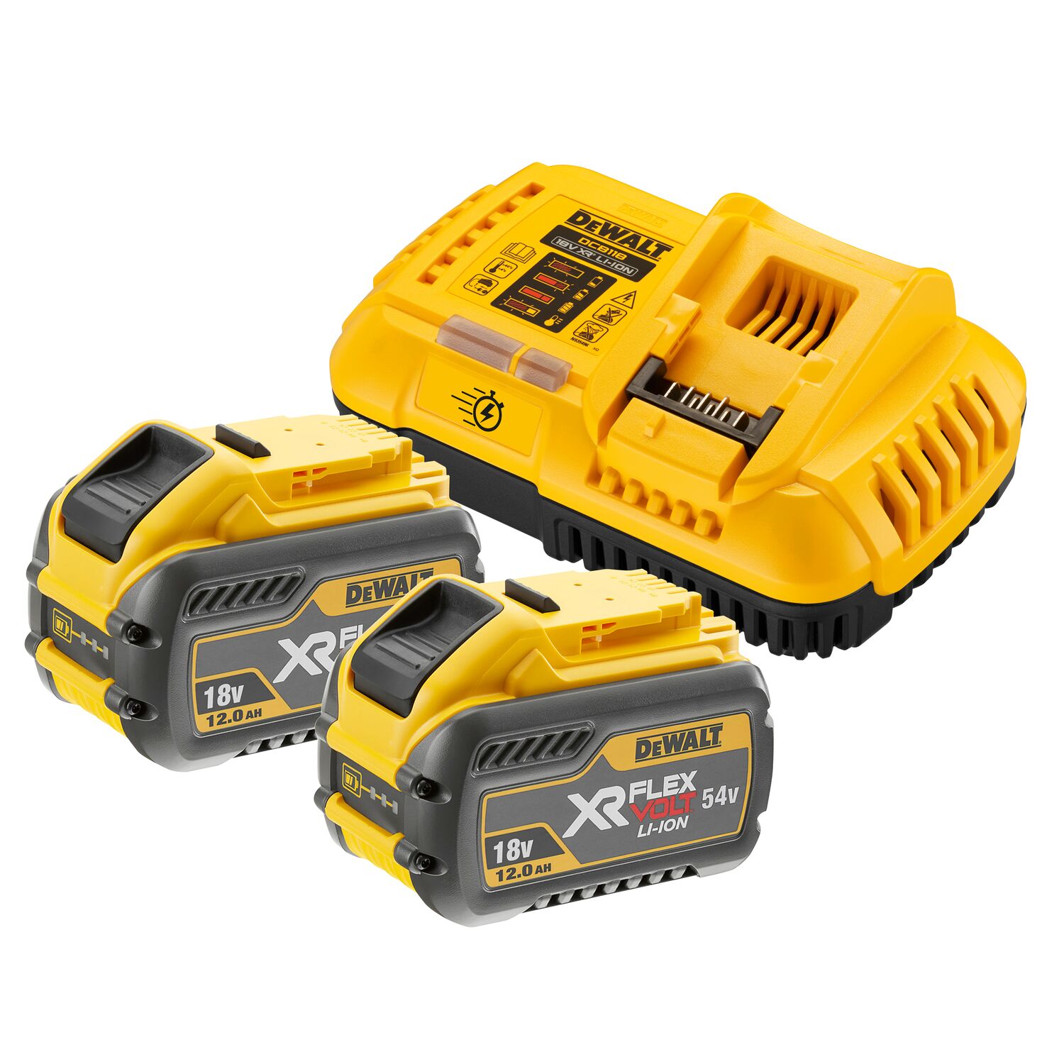 Pack 2 batteries XR FLEXVOLT 18V/54V 12Ah/4Ah Li-Ion + chargeur rapide