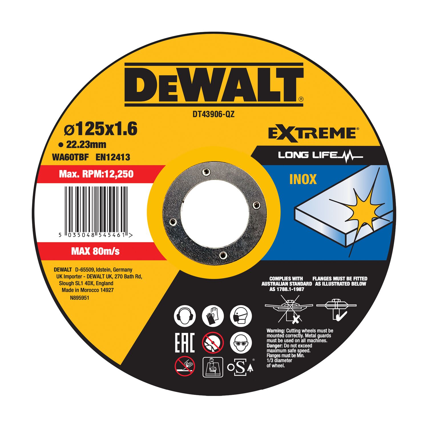 Disque à tronçonner l'inox 125x22,2mm, épaisseur 1.6mm, moyeu plat
