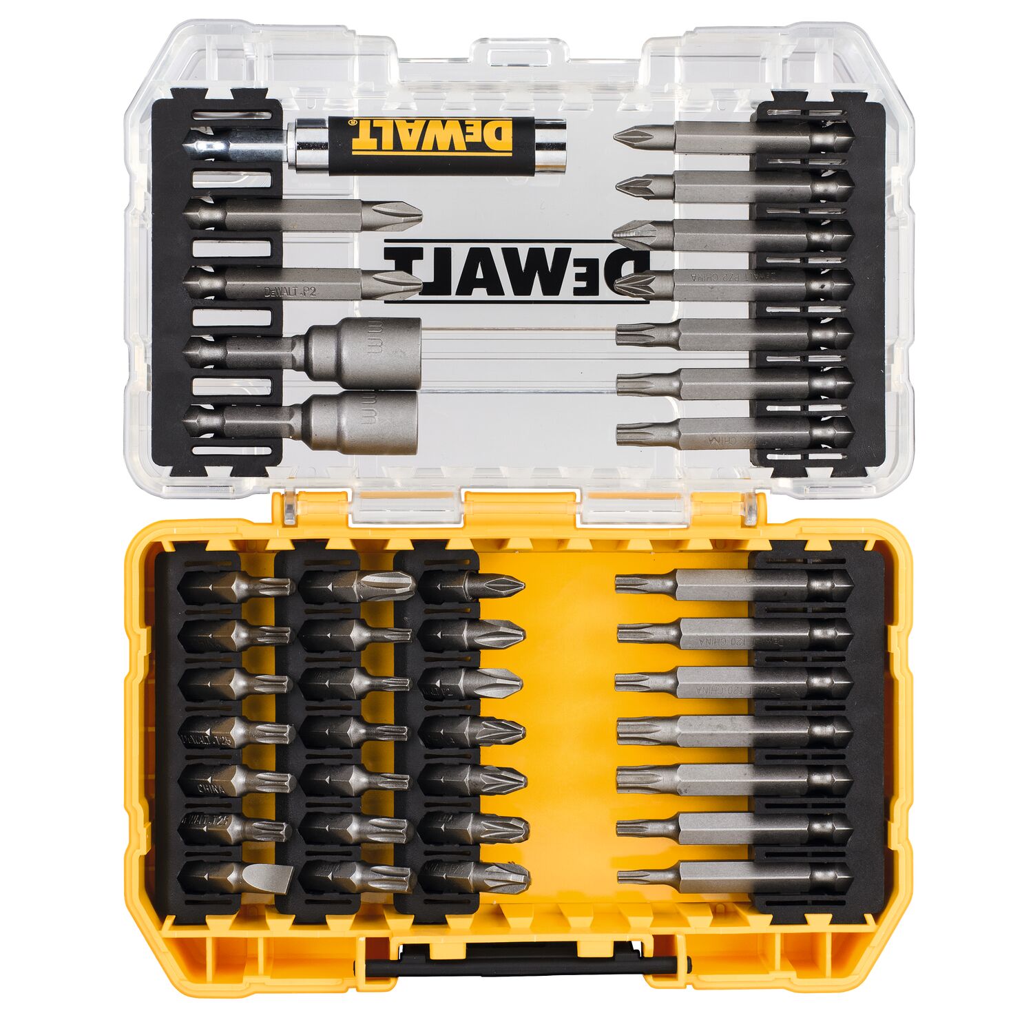 Petit coffret TOUGHCASE 40 pièces : Embouts 25mm: Ph1 x1, Ph2 x2, Ph3 x1, Pz2 x2, Pz3 x2, T10 x2, T15 x2, T20 x3, T25 x3, T30 x2, Pl6 x1 Embouts 50mm
