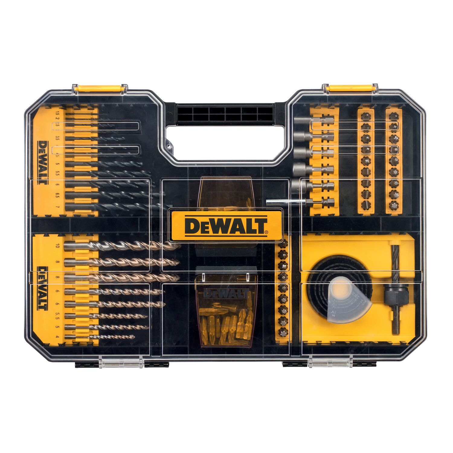 Coffret T-Stak 100 piècesEmbouts 25mm x 54, embouts 15mm x 15, porte embouts aimanté,5 douilles, 8 forets beton, 12 forets métal, 4 scies cloches, 1 m