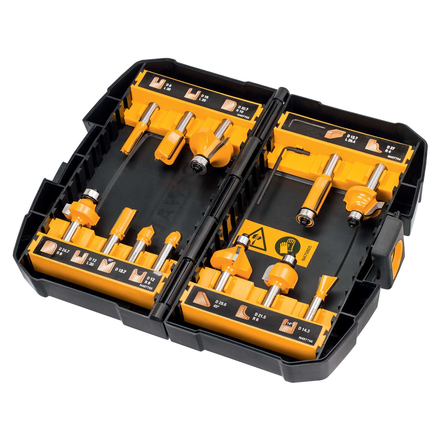 Coffret de 12 fraises de défonceuse: Diam 8mm : D12 R6, D12.7 90°, D14.3 14°, D21.5 R6, D27 R4, D28.6 45°, D8 L20, D12 L20, D16 L20, D12.7 L25.4, D24.