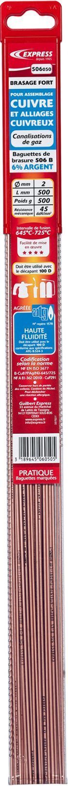 Baguettes de brasure Cuivre Ph 6% Argent agrée ATG (Gdf) - EXPRESS - 506050