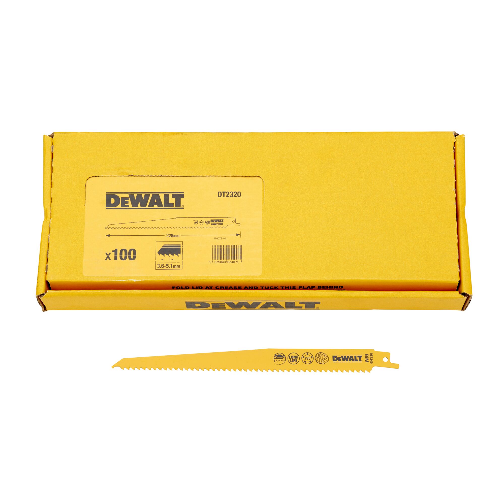 100 lames de scie sabre BIM Plungepoint pour la coupe du bois 228mmCoupe rapide avec clous Plastiques - DEWALT - DT2320-QZ