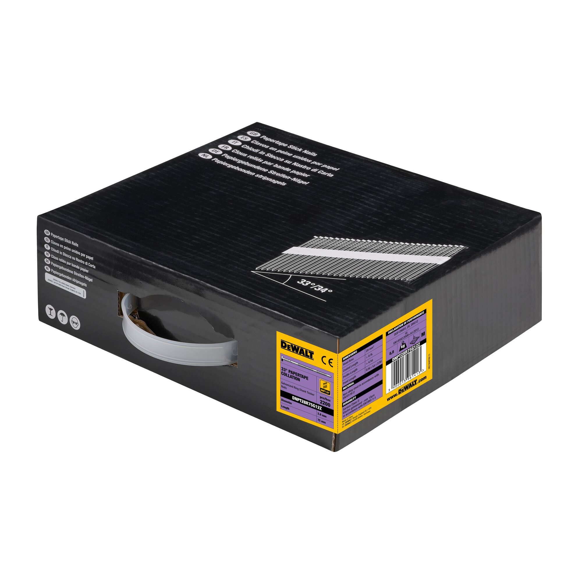 Pointes en bande papier 33° crantées éléctro-zinguées 2.8x75 - DEWALT - DNPT28R75G12Z