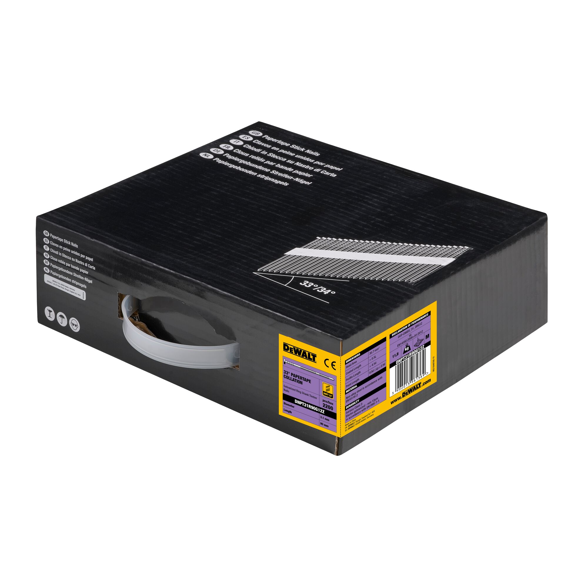 Pointes en bande papier 33° crantées éléctro-zinguées 3.1x90 - DEWALT - DNPT31R90G12Z